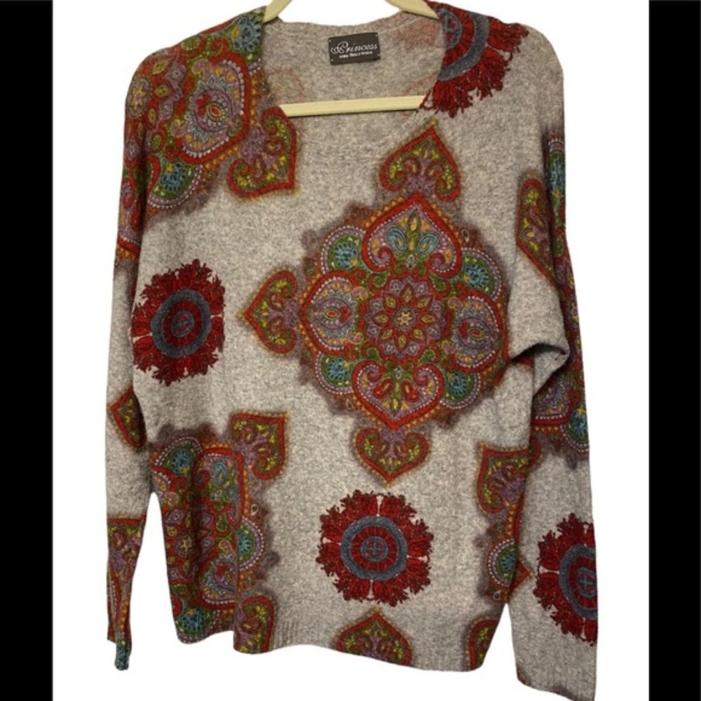 Princess Goes Hollywood wool yak grey sweater Small oversize colourful mandalas